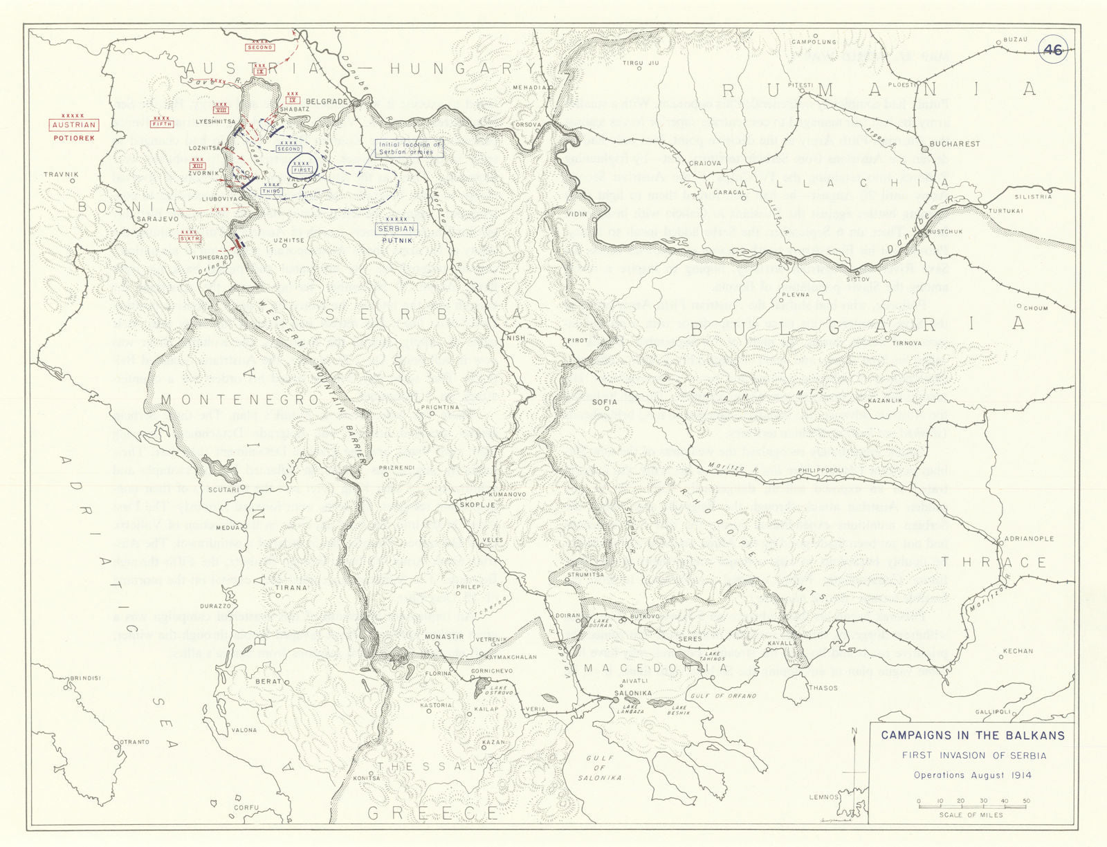 World War 1. Balkans Campaign. August 1914. First Invasion of Serbia 1959 map